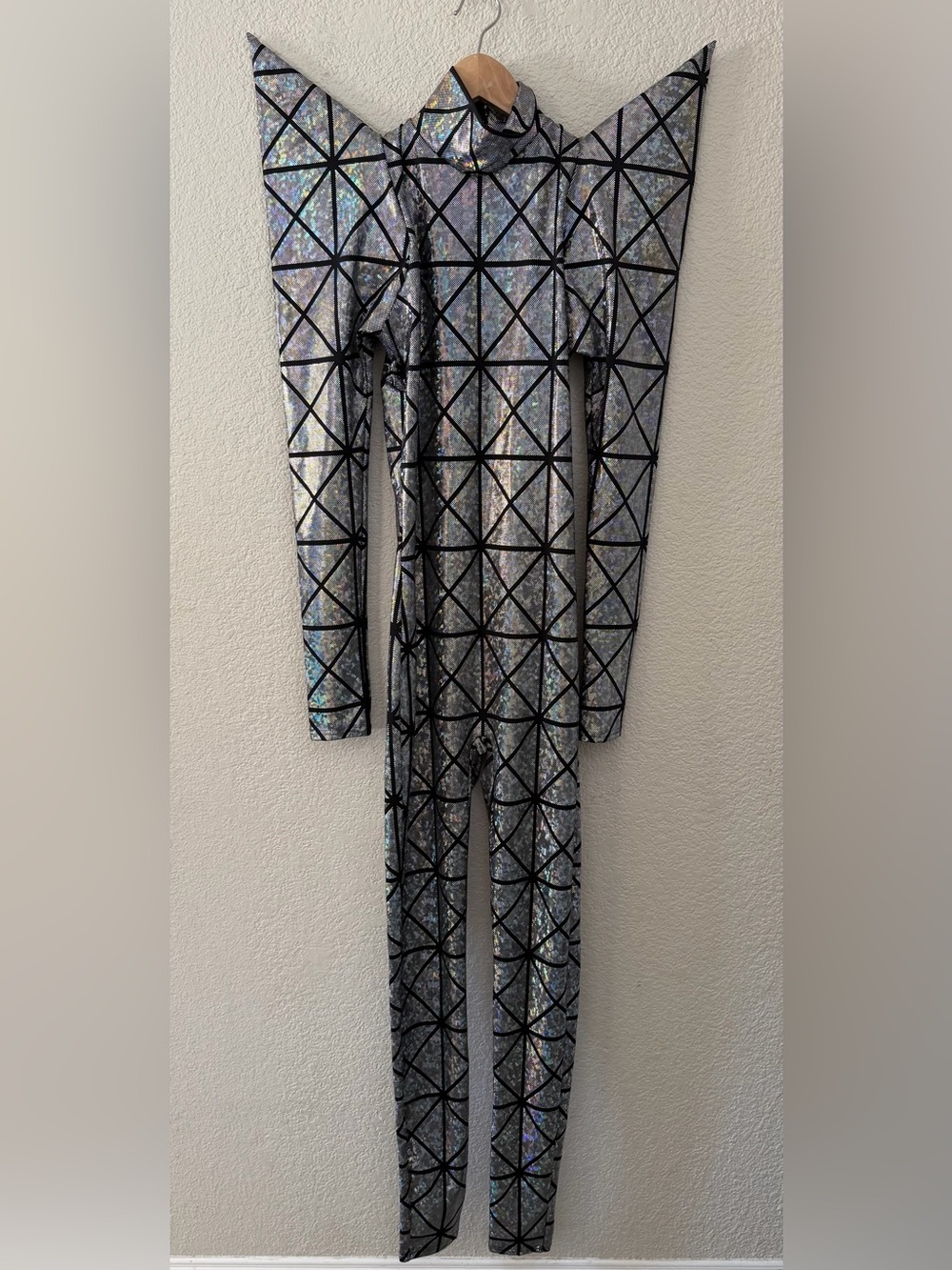 Silver Mirrored Holo Shine Point Shoulder Catsuit Rave/Costume Maximalist -XS